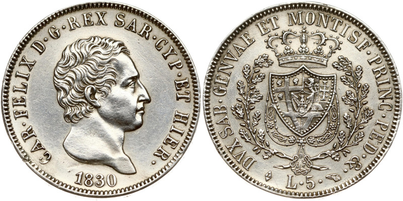 Italy, Piedmont-Sardinia. Charles Felix (1821-1831). 5 Lire 1830 L, Turin. Silve...