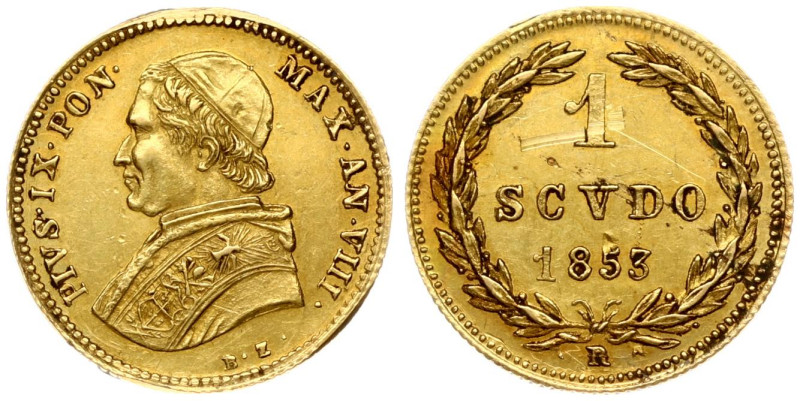 Italy, Vatican. Pius IX (1846-1878). Gold Scudo 1853 R AN VIII. Gold 1.72 g. Fr....