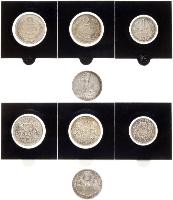 Latvia. 1 & 2 Lati 1924-1926 & Russia USSR Poltinnik 1925 ПЛ. Silver. Lot of 4 c...