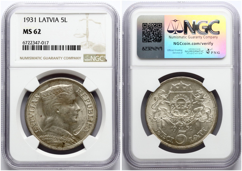 Latvia. 5 Lati 1931. Silver. KM 9. NGC MS 62.