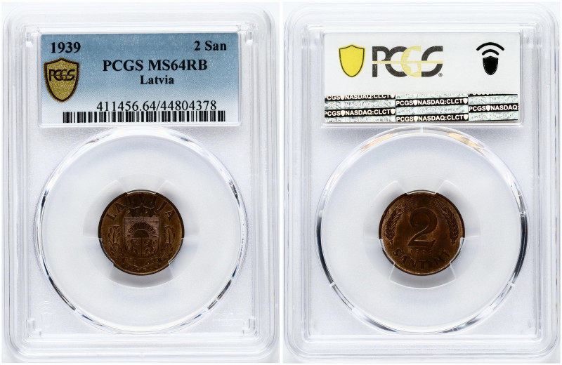 Latvia. 2 Santimi 1939. Bronze. KM 11.2. PCGS MS 64 RB ONLY ONE COIN IN HIGHER G...