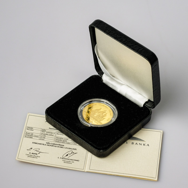 Latvia. 20 Latu 1997, Frigate Gekroente Ehlendt. Gold .583, 7.68 g. KM 41, Fr 21...