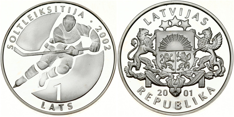 Latvia 1 Lats 2001 Ice Hockey. Obverse: Arms with supporters. Reverse: Hockey pl...