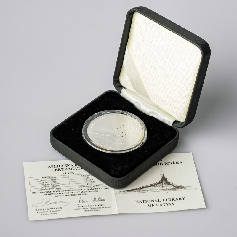 Latvia. 1 Lats 2002, National Library of Latvia. Silver .925, 31.45 g. KM 55. In...
