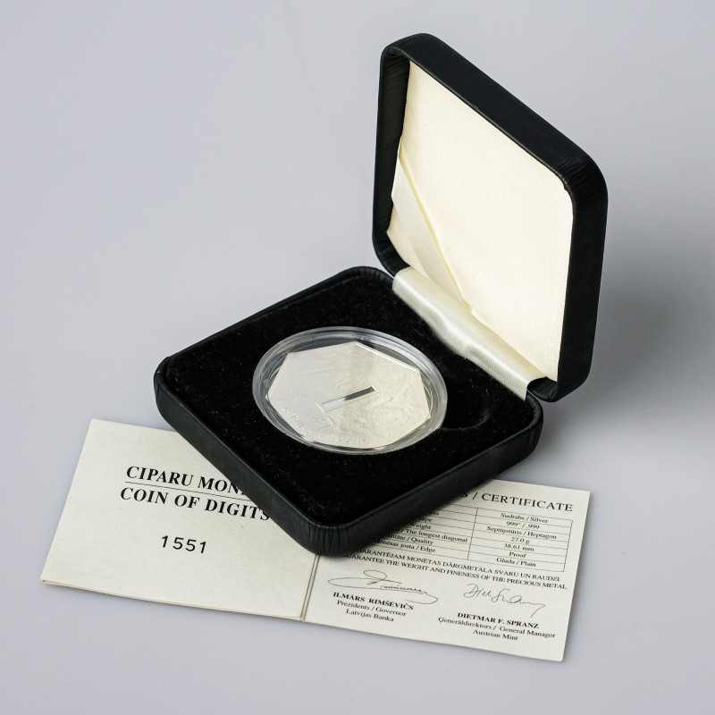 Latvia. 1 Lats 2007, Coin of Digits. Silver .999, 26.95 g. KM 84. In box with ce...