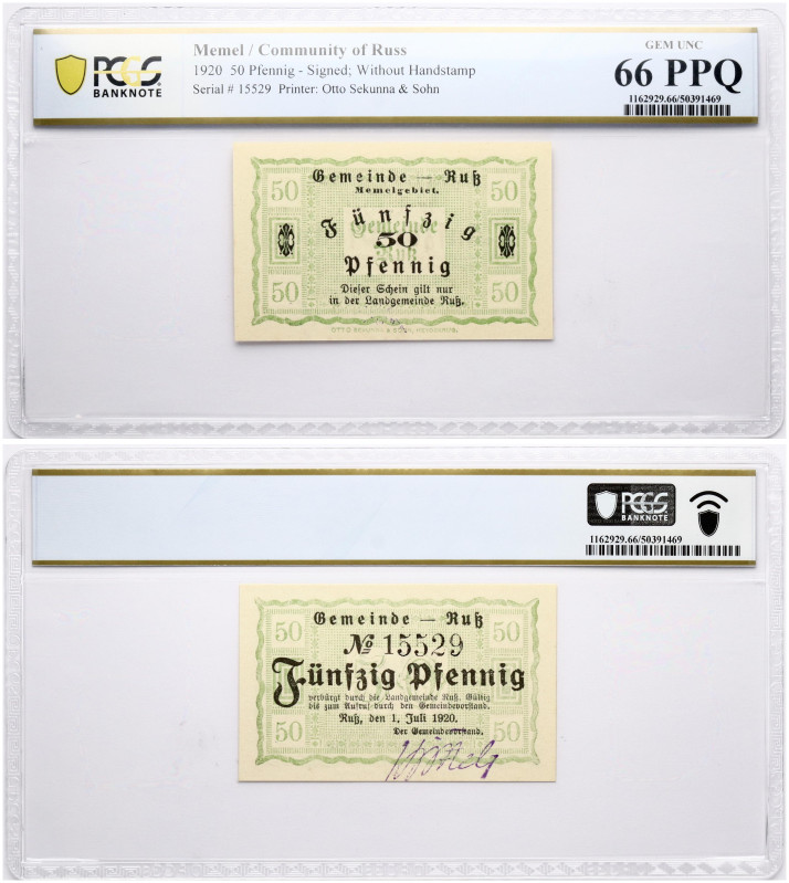 Memel. 50 Pfennig 1920. S/N 15529. PCGS GEM UNC 66 PPQ.