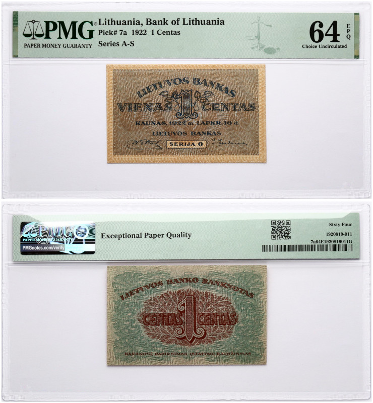 Lithuania. 1 Centas 1922. Series O. Pick#7a. PMG 64 Choice Uncirculated EPQ.