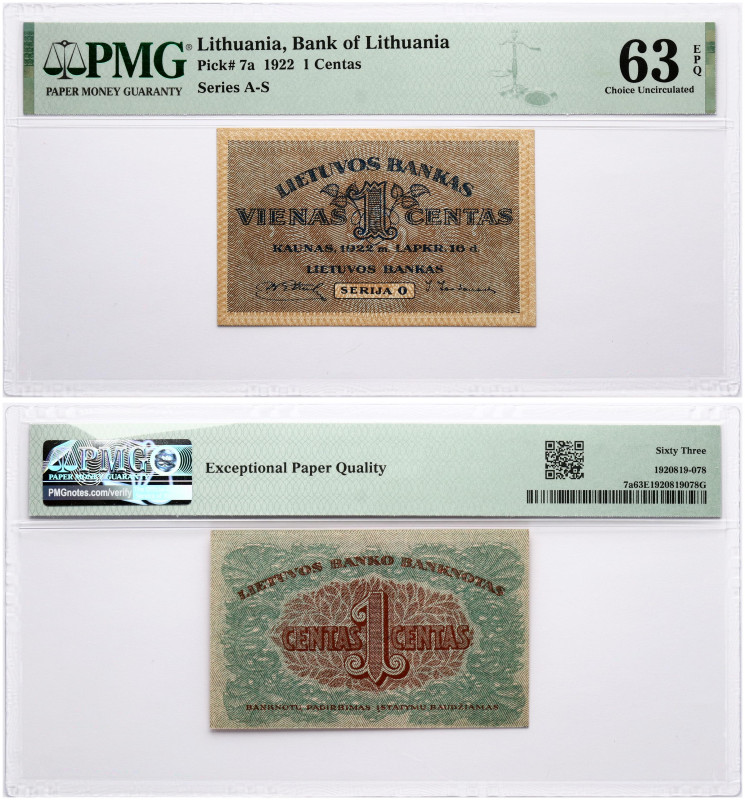 Lithuania. 1 Centas 1922. Series O. Pick#7a. PMG 63 Choice Uncirculated EPQ.