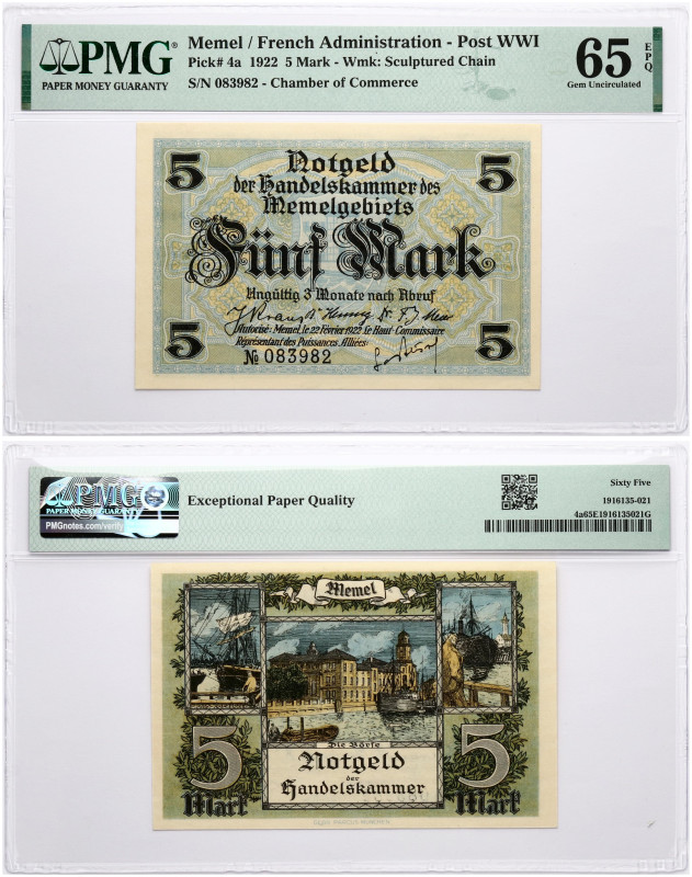 Memel. 5 Mark 1922. S/N 083982. Pick#4a. PMG 65 Gem Uncirculated EPQ.