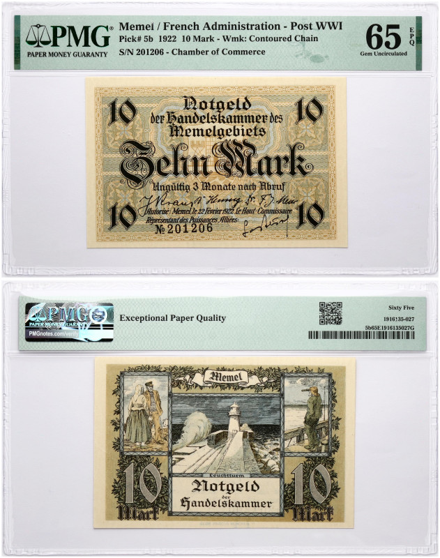 Memel. 10 Mark 1922. S/N 201206. Pick#5b. PMG 65 Gem Uncirculated EPQ.