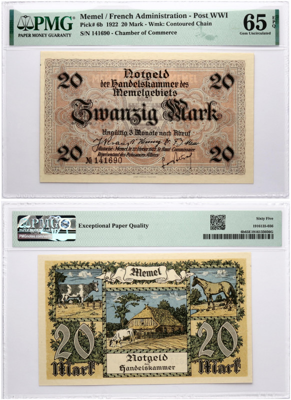 Memel. 20 Mark 1922. S/N 141690. Pick#6b. PMG 65 Gem Uncirculated EPQ.
