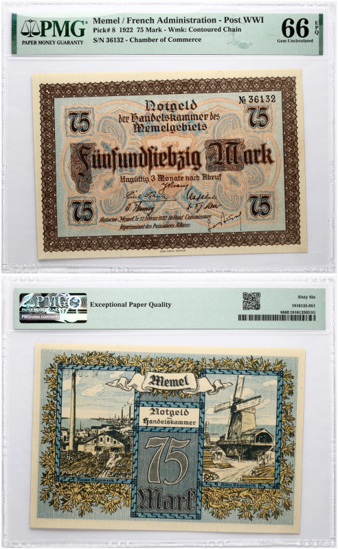 Lithuania, Memel. 75 Mark 1922. S/N 36132. Paper. Pick#8. PMG 66 Gem Uncirculate...