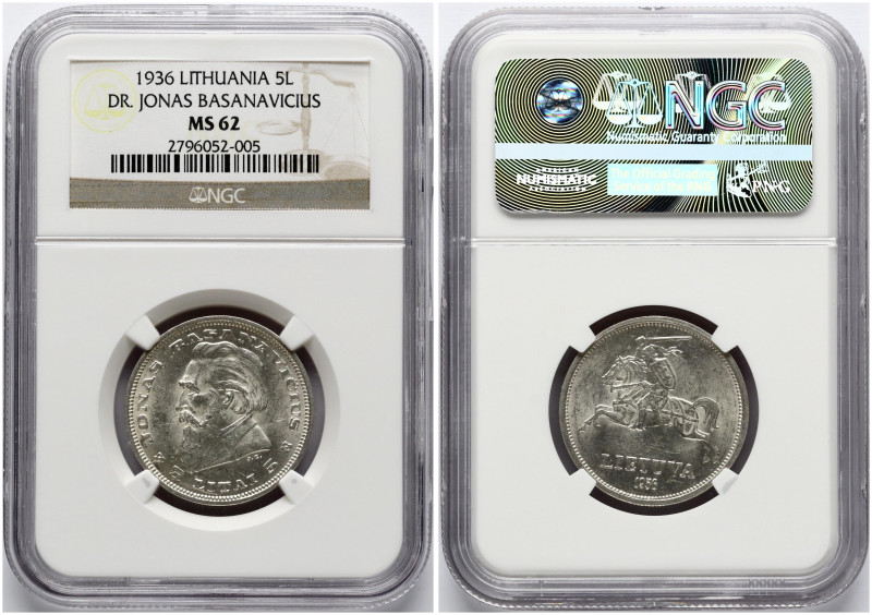 Lithuania. 5 Litai 1936 Jonas Basanavicius. Silver. KM 82. NGC MS 62.