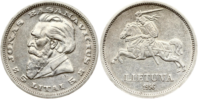 Lithuania. 5 Litai 1936 Jonas Basanavicius. Silver 8.88 g. KM 82.
