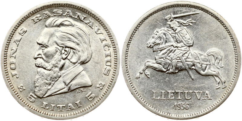 Lithuania. 5 Litai 1936 Jonas Basanavicius. Silver 8.98 g. KM 82.