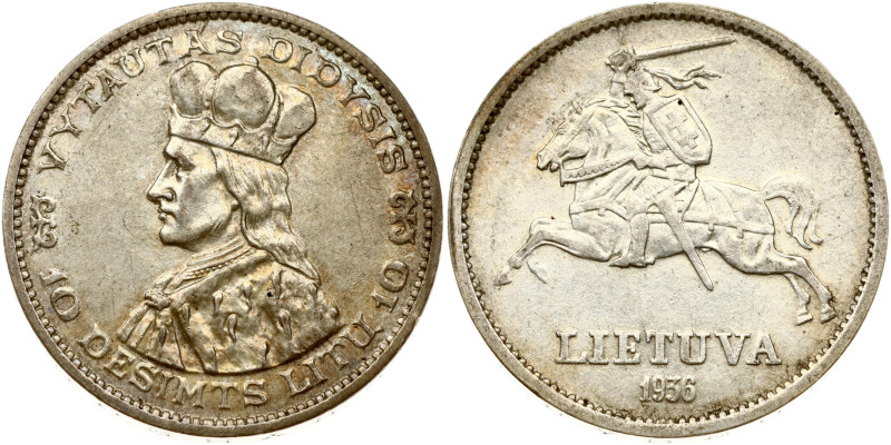 Lithuania. 10 Litu 1936 Vytautas. Silver 17.87 g. KM 83. Small scratches.