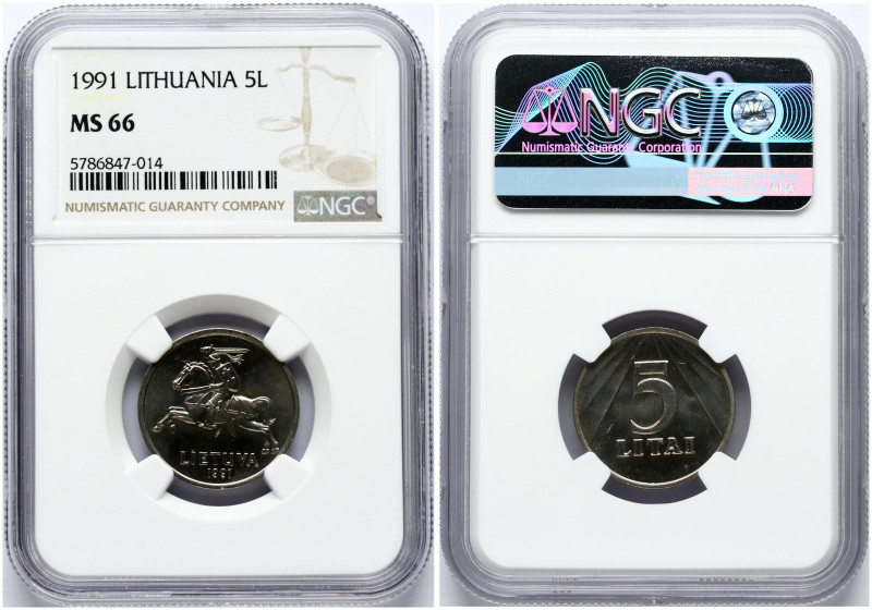Lithuania 5 Litai 1991. Copper-nickel. KM-93. NGC MS 66