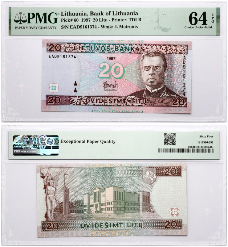 Lithuania. 20 Litu 1997, Jonas Maironis. S/N EAD9161374. Pick#60. PMG 64 Choice ...