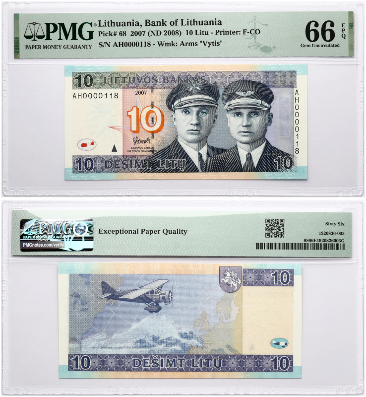 Lithuania. 10 Litu 2007 (ND 2008), Steponas Darius and Stasys Girénas. S/N AH000...