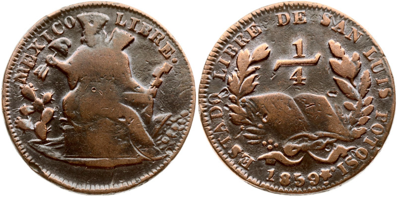 Mexico, San Luis Potosi. 1/4 Real 1859, 'Quarto/Quartilla'. Copper 7.97 g. KM 35...