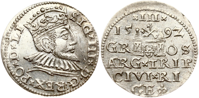 Poland. Zygmunt III Waza (1587-1632). Trojak 1592, Riga. Silver 2.28 g. Iger R.9...