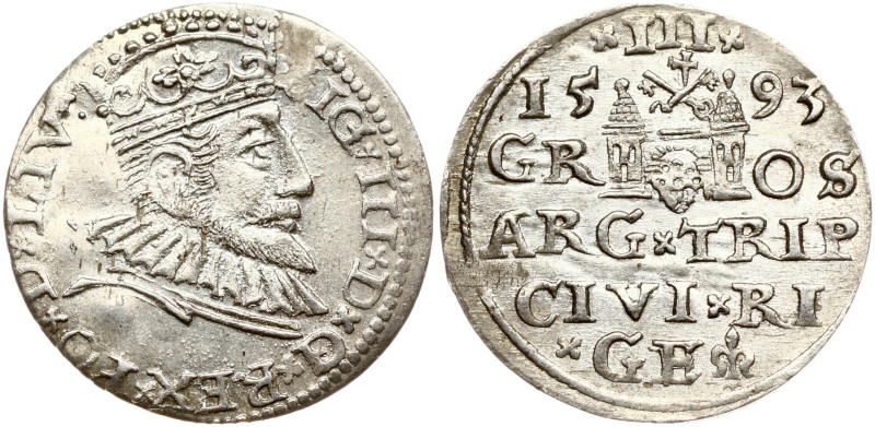 Poland. Zygmunt III Waza (1587-1632). Trojak 1593, Riga. Silver 2.38 g. Iger R.9...