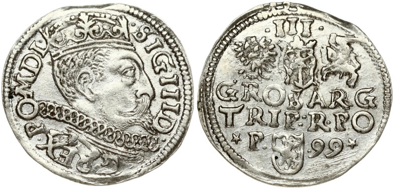 Poland Trojak 1599 Poznan. Sigismund III Vasa (1587-1632). Obverse: Crowned bust...
