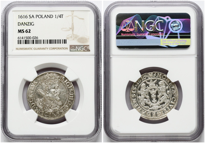 Poland Gdansk 1 Ort 1616 SA Sigismund III Vasa (1587-1629). Obverse: Crowned and...