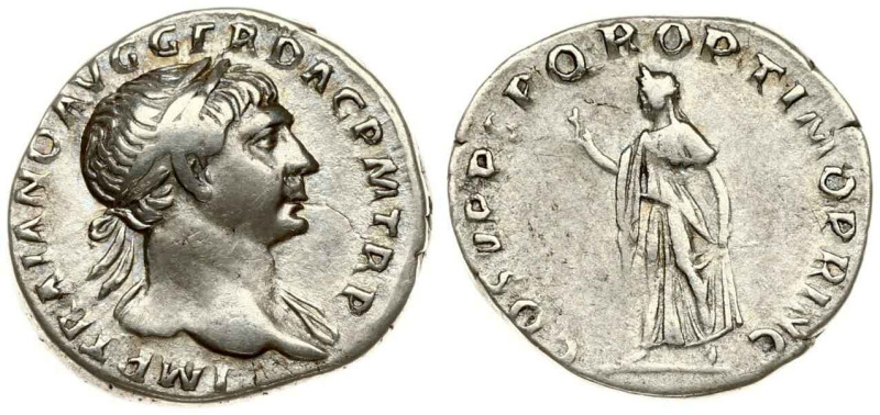 Roman Empire. Trajan (98-117 AD). AR Denarius 107 AD, Rome. Av: laureate bust ri...