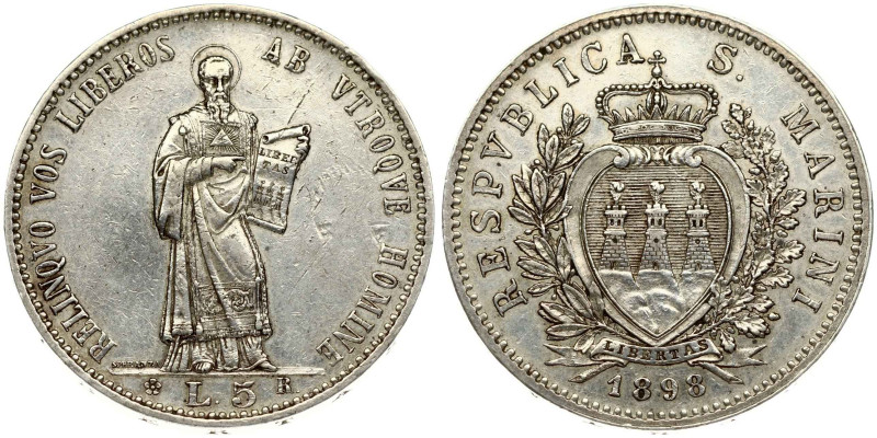 San Marino. 5 Lire 1898 R. Silver 25.01 g. KM 6.