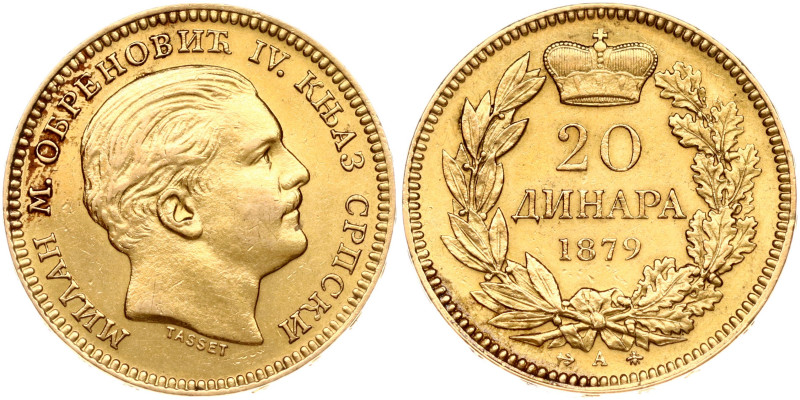 Serbia. Milan Obrenovic IV (1868-1882). 20 Dinara 1879 A. Gold 6.44 g. KM 14.