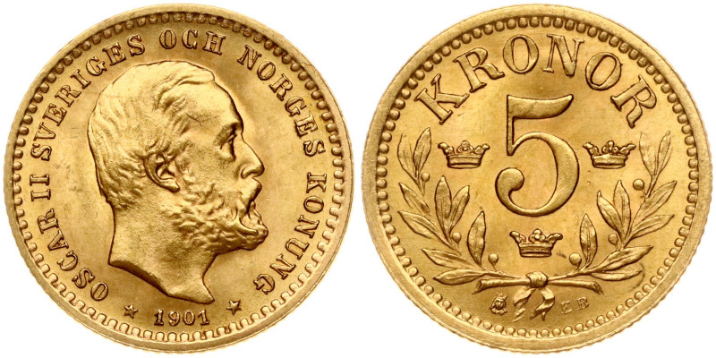 Sweden. Oscar II (1872-1907). 5 Kronor 1901 EB. Gold 2.23 g. KM 766.