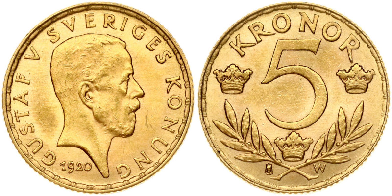 Sweden. Gustaf V (1907-1950). 5 Kronor 1920 W. Gold 2.23 g. KM 797, Fr 97.
