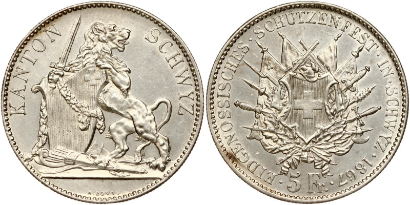 Switzerland. 5 Francs 1867, Schwyz Shooting Festival. Mintage 8 000 pcs. Silver ...