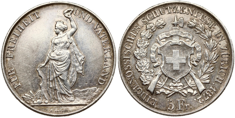 Switzerland. 5 Francs 1872, Zurich Shooting Festival. Silver 24.87 g. Mintage 10...