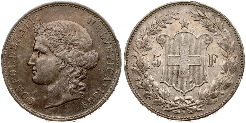 Switzerland. 5 Francs 1889 B, Head of Helvetia. Silver 24.89 g. KM 34, Y 33. Edg...