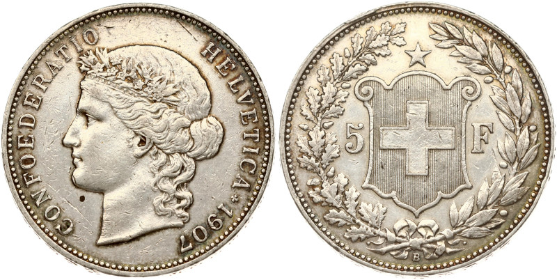 Switzerland. 5 Francs 1907 B, Head of Helvetia. Silver 24.95 g. KM 34, Y 33. Sma...