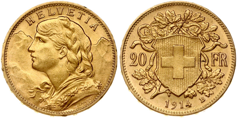 Switzerland. 20 Francs 1914 B, Vreneli. Gold 6.43 g. KM 35.1, Fr 499.