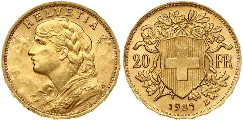 Switzerland 20 Francs 1927B Obverse: Young head left. Obverse Legend: HELVETIA. ...
