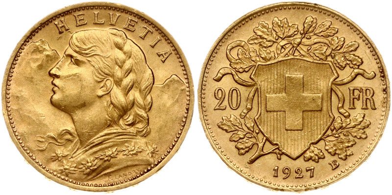 Switzerland. 20 Francs 1927 B, Vreneli. Gold 6.44 g. KM 35.1, Fr 499. Small scra...