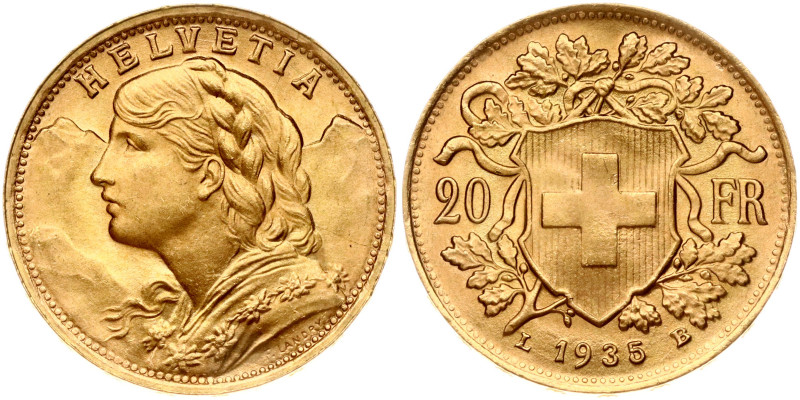 Switzerland. 20 Francs 1935 LB, Vreneli. Gold 6.44 g. KM 35.1, Fr 499.
