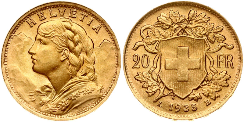 Switzerland. 20 Francs 1935 LB, Vreneli. Gold 6.43 g. KM 35.1, Fr 499.