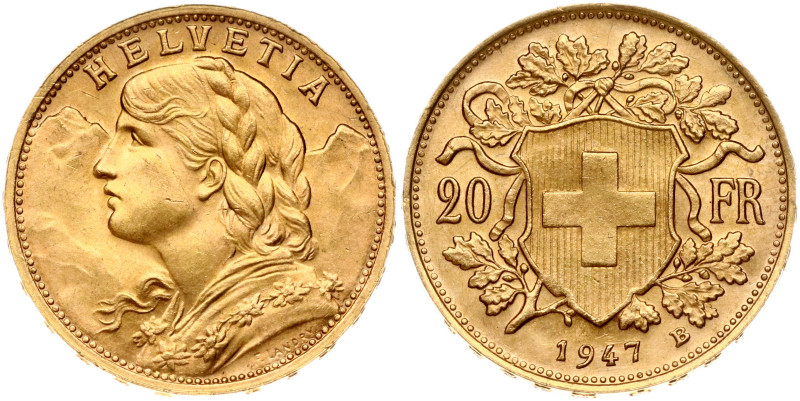 Switzerland. 20 Francs 1947 B, Vreneli. Gold 6.43 g. KM 35.2, Fr 499.