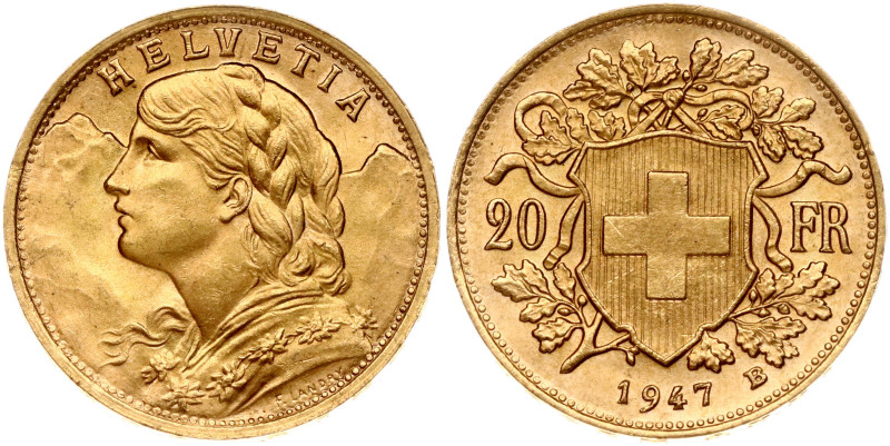 Switzerland. 20 Francs 1947 B, Vreneli. Gold 6.43 g. KM 35.2, Fr 499.