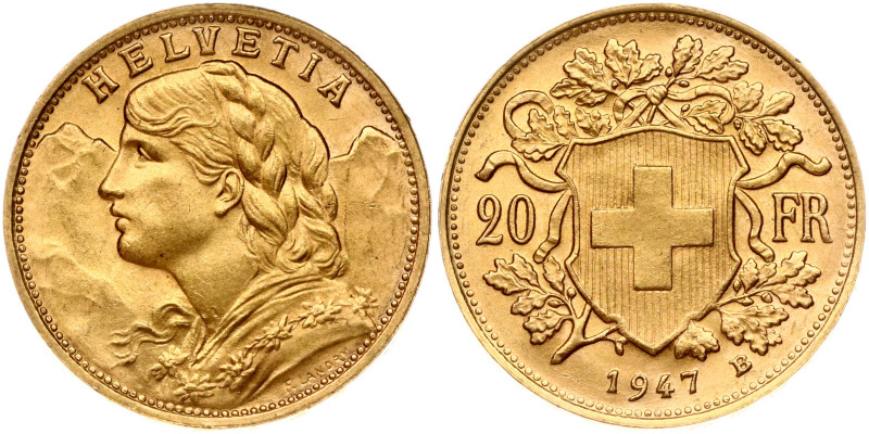 Switzerland. 20 Francs 1947 B, Vreneli. Gold 6.44 g. KM 35.2, Fr 499.