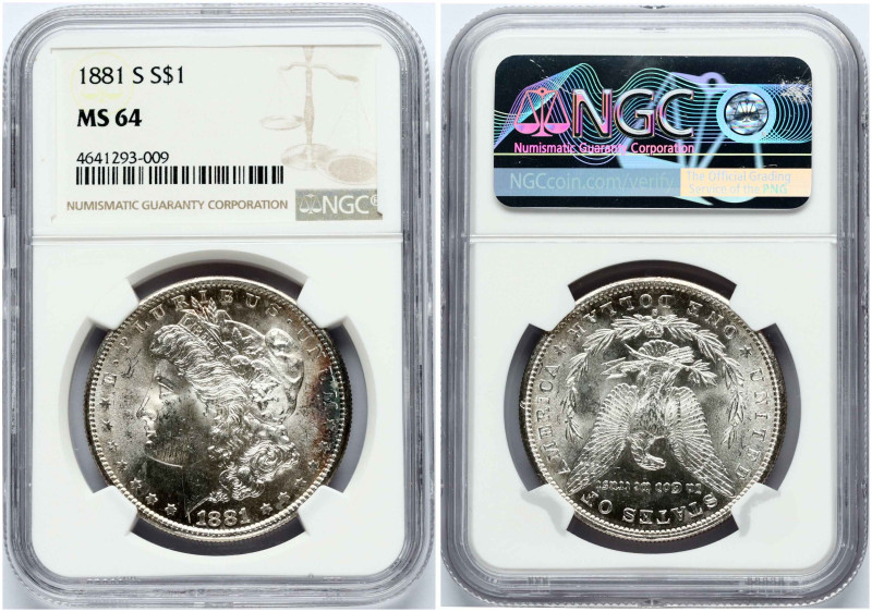 USA 1 Dollar 1881 S 'Morgan Dollar'. San Francisco. Silver. KM-110. NGC MS 64.