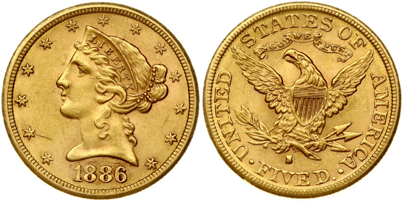 USA. 5 Dollars 1886 S, Coronet Head - With motto. San Francisco. Gold 8.34 g. KM...
