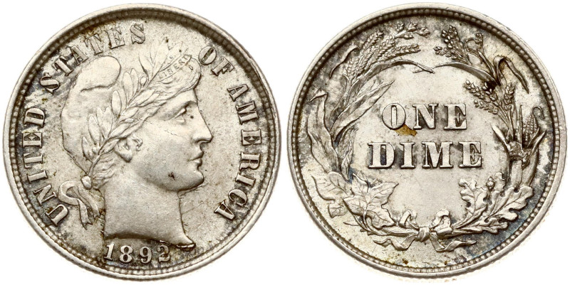 USA. Dime 1892, 'Barber Dime', Philadelphia. Silver 2.50 g. KM 113.
