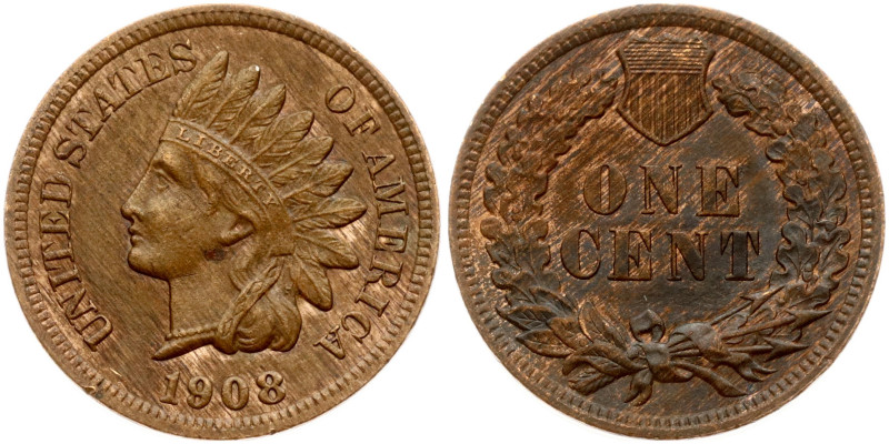 USA. Cent 1908, 'Indian Head Cent'. Philadelphia. Bronze 3.08 g. KM 90a.