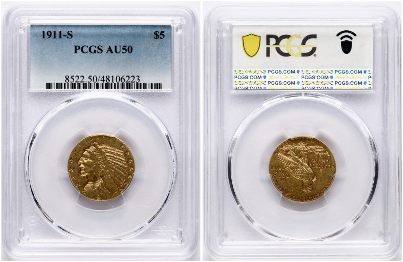USA. 5 Dollars 1911 S, San Francisco, Indian Head. Gold. KM 129. PCGS AU 50.